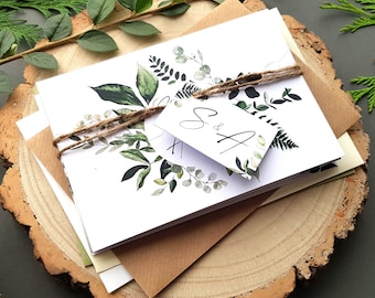 Ensemble de faire-part de mariage verdure - faire-part de mariage de luxe en accordéon à trois volets - eucalyptus vert sauge - avec étiquettes, ficelle rustique et enveloppes