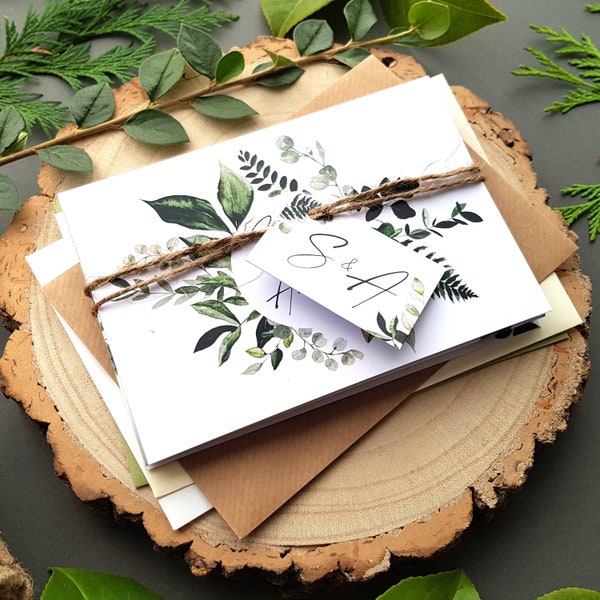 Greenery Wedding Invitation Set - Concertina Trifold Luxury Wedding Invite  - Sage Green Eucalyptus - With Tags, Rustic Twine & Envelopes