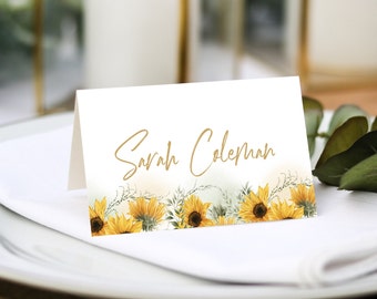 Tarjetas de lugar de boda de girasoles / Impresión de nombre de invitado incluida + Opciones de menú / Configuración de lugar de boda / Fuente de cualquier color / Tarjetas de lugar de nombre