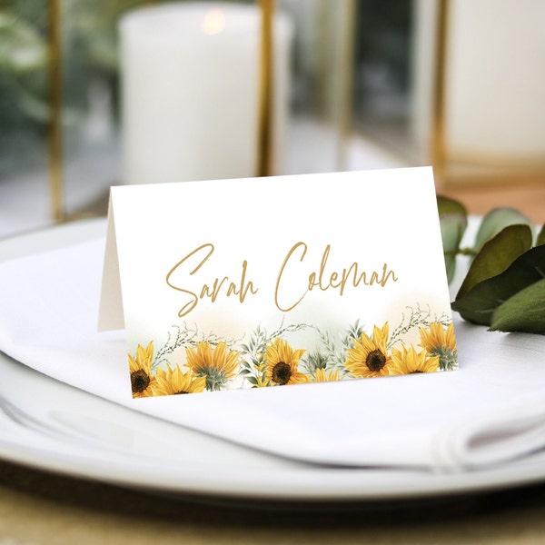 Sunflowers Wedding Place Cards |  Guest Name Printing Included + Menu Choices | Wedding Place Settings | Any Colour Font | Name Place Cards