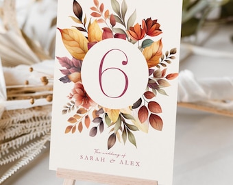Autumn Fall Burgundy & Orange Table numbers or Table Names | Any Colour Font | A5 double sided cards | Weddings | Dinner or Gala Event
