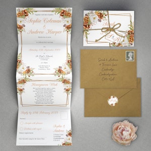 Set di inviti per matrimonio autunnale con buste, inviti per matrimonio di lusso a fisarmonica in rame o invito per ricevimento con etichetta e gemelli rustici