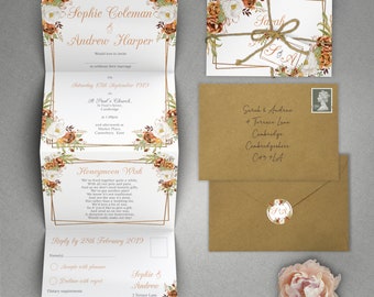 Autumn Fall Wedding Invitation Set  With Envelopes, Copper Concertina Luxury Wedding Invites Or Reception Invitation With Tag & Rustic Twin