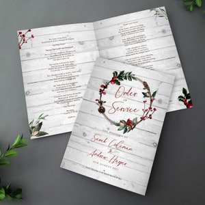 Winter Order of Service for Weddings | Christmas Order of the Day | A4 folded to A5 Wedding Programmes printed on all sides - Holly, berries