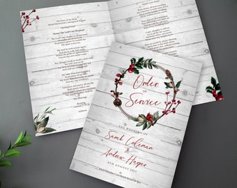 Winter Order of Service for Weddings | Christmas Order of the Day | A4 folded to A5 Wedding Programmes printed on all sides - Holly, berries