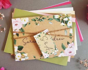 Rustic Wedding Invitation Set  -  Eucalyptus Blush + Greenery Concertina Trifold Luxury Wedding Invite With Tags, Rustic Twine & Envelopes