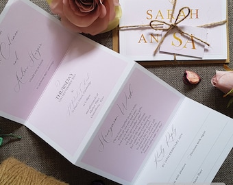 Pink & Gold Wedding Invitation Set With Envelopes, Script Minimalist Concertina Trifold Wedding Invites or Reception Invitation