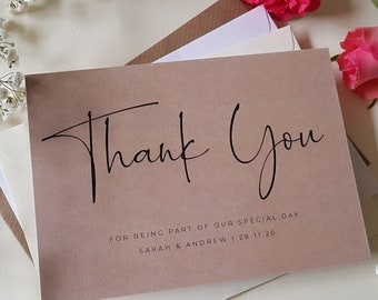 Kraft Wedding Thank You Cards With Envelopes - Any Thank You Message or Wedding Favour Message