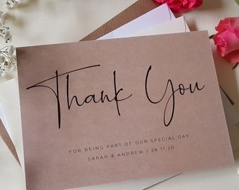 Kraft Wedding Thank You Cards With Envelopes - Any Thank You Message or Weddng Favour Message