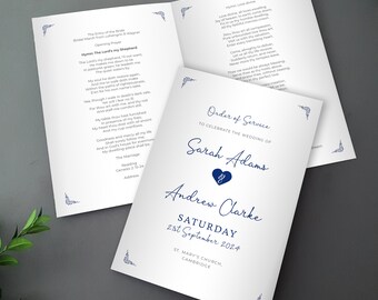 Blue Heart Order of Service for Weddings in any colour | Order of the Day | A4 folded to A5 Wedding Programmes or booklets