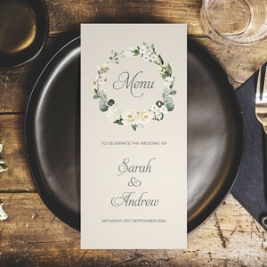 White Floral Personalised Wedding Menus - DL Size Menus - Personalised Wedding Menus for the venue - Wedding Table Decorations - Eucalyptus