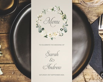 White Floral Personalised Wedding Menus - DL Size Menus - Personalised Wedding Menus for the venue - Wedding Table Decorations - Eucalyptus