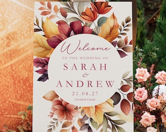 Autumn Wedding Welcome Sign: Orange Burgundy Leaves, Personalized A0/A1/A2/A3