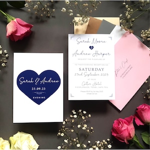 Herz Hochzeitseinladungsset oder Abendeinladung in jeder Farbe, Empfang lädt ein einschließlich Umschläge, A6 flache Karte Hochzeit lädt ein