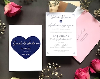 Heart Wedding Invitation Set or Evening Invitation In Any Colour, Reception Invites Including Envelopes, A6 Flat Card Wedding Invites