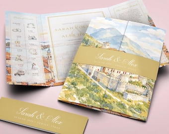 Watercolour Wedding Invitation Set | YOUR IMAGE transformed to Watercolour | Travel illustration Gatefold with Bellyband