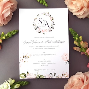 Ensemble de faire-part de mariage floral rose pâle - Ensemble de faire-part de mariage A5 avec enveloppes - Cartes RSVP - - Faire-part de mariage de luxe