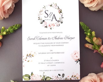 Blush Pink Floral Wedding Invitation Set  - A5 Wedding Invitation Set With Envelopes - RSVP Cards -  - Luxury Wedding Invites