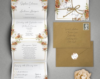 Autumn Fall Wedding Invitation Set - Concertina Trifold Luxury Wedding Invites With Personalised Tag, Rustic Twine & Envelopes