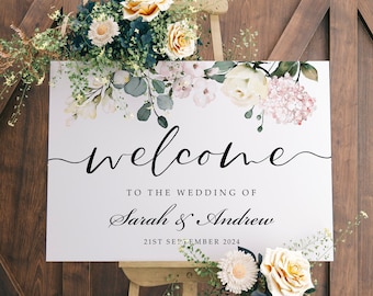 Wedding Welcome Sign, A1, A2 Personalised Wedding Signs, Wedding Decor, Wedding Gift, Welcome Wedding Board, White Pink Floral Wedding Sign