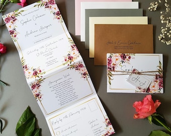 Blush Gold Wedding Invitation Set  With Envelopes, Concertina Trifold Luxury Wedding Invites With Tag, Rustic Twine and choice of Envelopes