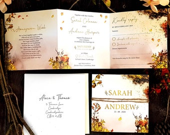 Autumn Fall Wedding Invitation Set With Envelopes & Rustic Twine, Trifold Wedding Invites, Rustic Woodland Forest Folded Wedding Invites