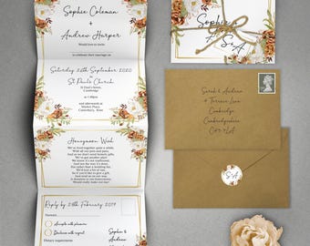 Autumn Fall Wedding Invitation Set - Concertina Trifold Luxury Wedding Invites With Personalised Tag, Rustic Twine & Envelopes
