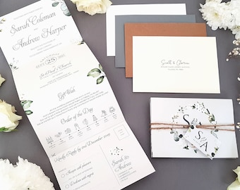 White Floral Wedding Invitation Set With Tags, Rustic Twine & Choice of Envelopes - Luxury Concertina Wedding Invites Design With Greenery