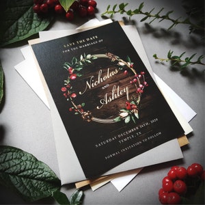 Winter donkere kerst-save the date-kaarten of bewaar de avond of weekend met enveloppen - elke kleur of bericht - save-the-date-trouwkaart