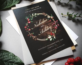 Winter Dark Christmas Save the Date Cards Or Save the Evening or Weekend With Envelopes - Any Colour or Message - Save the Date Wedding Card