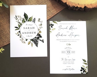 Greenery Wedding Invitation Set or Evening Invitation, Reception Invites Including Envelopes, A6 Flat Card Wedding Invites
