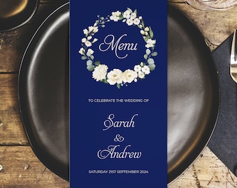 Blue White Personalised Wedding Menus - DL Size Menus - Personalised Wedding Menus for the venue - Wedding Table Decorations - Eucalyptus