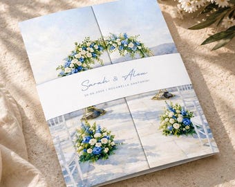 Blue Hydrangea Watercolour Wedding Invitation Set | Custom Photo Gatefold Stationery