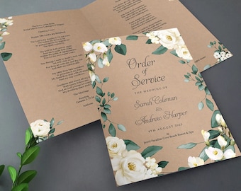 Rustic White Floral Order of Service for Weddings | Order of the Day | A4 folded to A5 Wedding Programmes or booklets