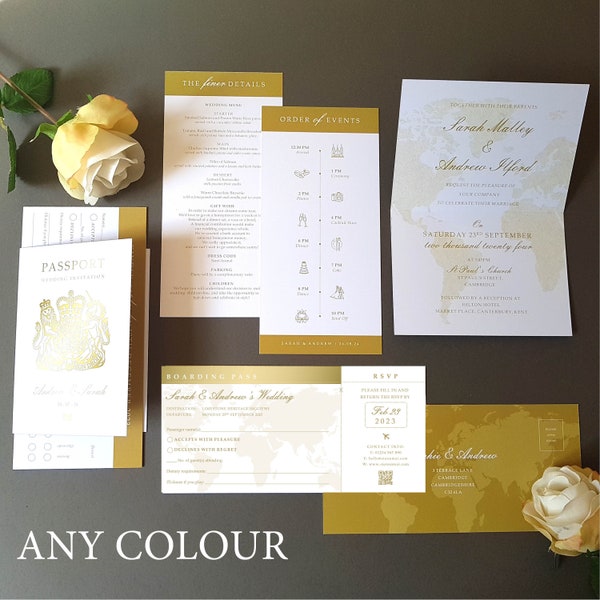 Passport Wedding Invitation Set  In Any Colour - Boarding Pass RSVP For Destination Wedding - Passport with 2 DL Inserts & Envelopes