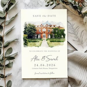 Locatie Save the Date-kaart met GRATIS enveloppen, aquarel trouwlocatie, schets illustratie schilderij tekening Save the Date-kaarten