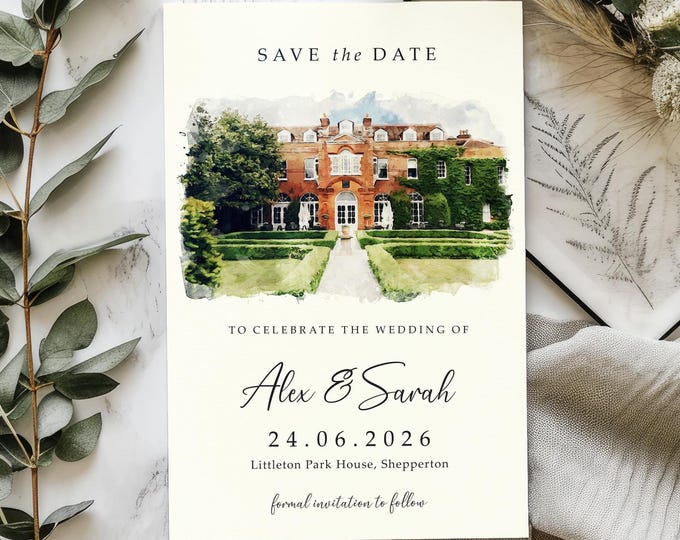 Featured listing image: Venue Save the Date Card with FREE Envelopes, Watercolour Wedding Venue, Sketch Illustration Painting Drawing Save the Date cards
