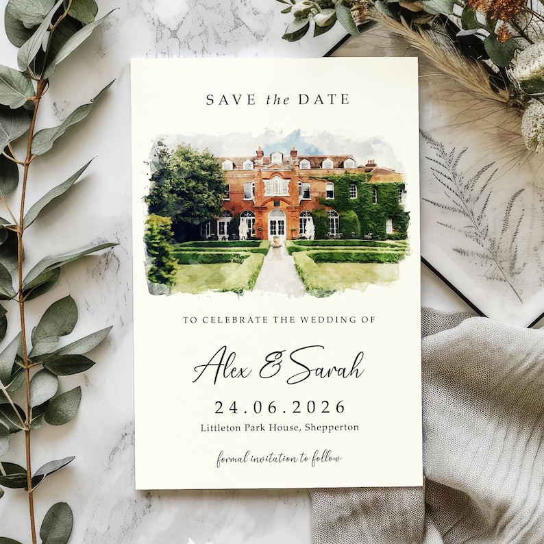 venue illustration save the date cards including envelopes, venue sketch watercolour save the dates or save the evening