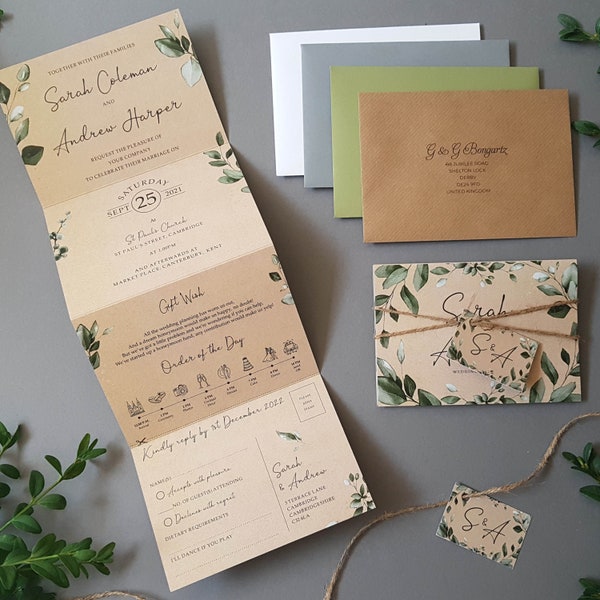 Rustic Eucalyptus wedding Invites - Concertina Botanical Luxury Wedding Invite With Tags, Rustic Twine & Choice of Envelopes