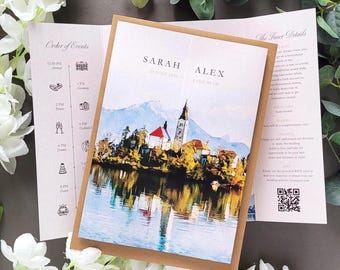 Watercolor Venue Wedding Invitations | YOUR IMAGE transformed to Watercolour | Custom Illustration Gatefold