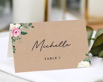 Rustic Pink & White Florals  Place Cards |  Guest Name Printing Included + Menu Choices | Wedding Place Settings |  Name Place Cards