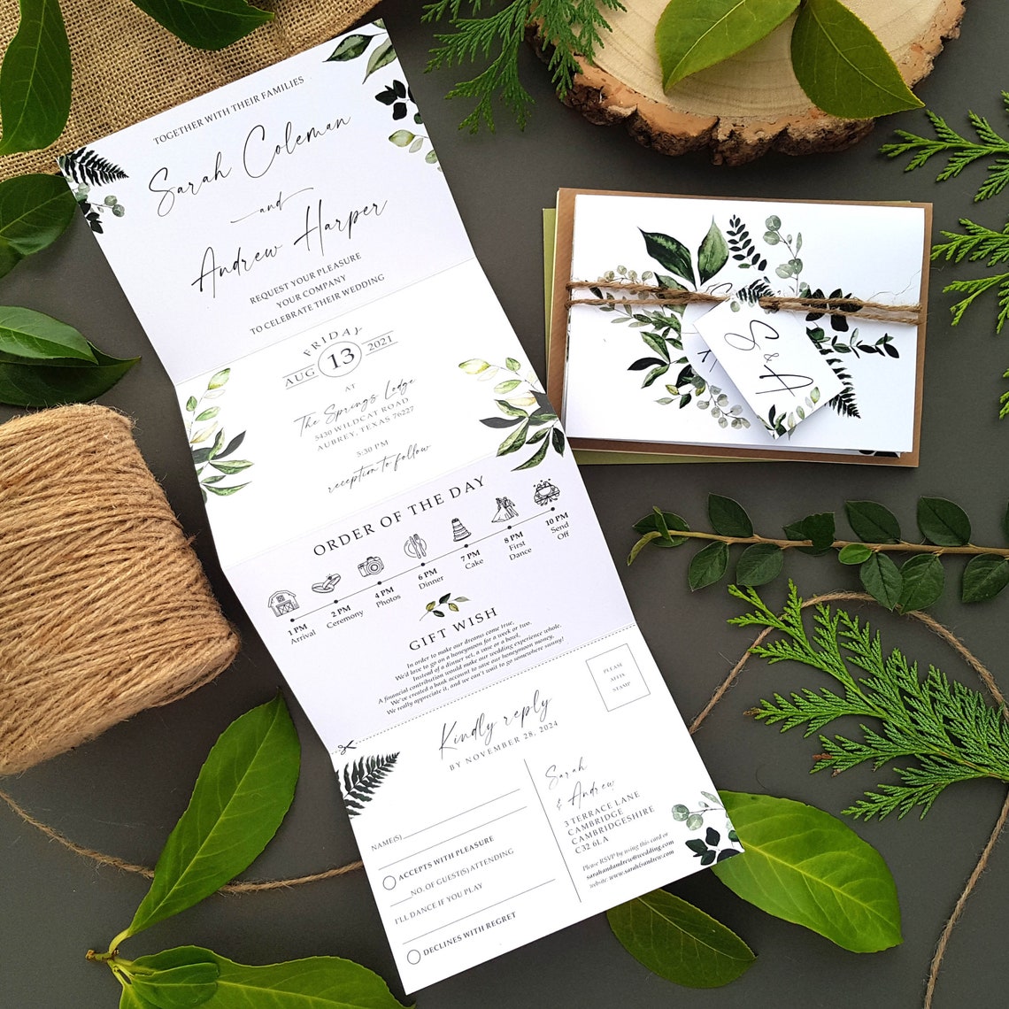 Leafy wedding invitation set with an array of greenery with a personalised tag, rustic twine and a choice of envelopes. Leafy wreath wedding invitations with iniitals
