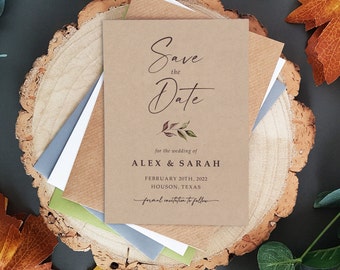 Rustic Leaf Save the Date Cards or Save the Evening or Weekend With Envelopes - Save the Dates Wedding Announcement