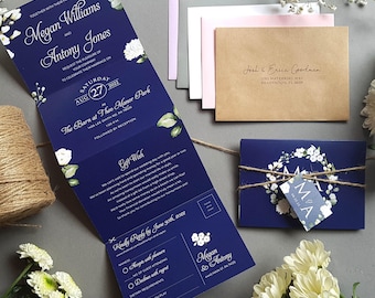 Blue & White Wedding Invitation Set  - Luxury Wedding Invites with Background in any colour - Custom flower colours available