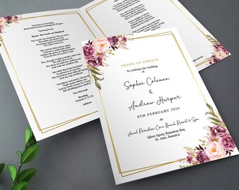Blush Gold Order of Service for Weddings | Order of the Day | A4 folded to A5 Wedding Programmes or booklets