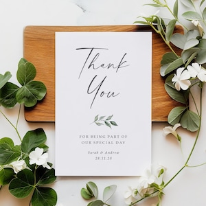 Tarjetas de agradecimiento de boda con hojas y sobres: cualquier mensaje de agradecimiento o mensaje de recuerdo de boda