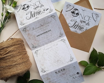 Fairy Tale Wedding Invitation Set, Concertina Trifold Wedding Invites Or Reception Invites With Envelopes,  RSVP & Guest Info - Any Colour