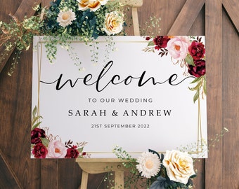 Wedding Welcome Sign, A1, A2 Personalised Wedding Signs, Wedding Decor, Wedding Gift, Welcome Wedding Board, Burgundy Gold Wedding Sign