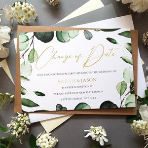 Biglietti botanici per cambio data per matrimoni posticipati con buste, biglietti per cambio data matrimonio - Biglietti Save the Date