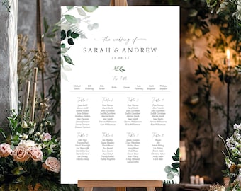 Botany Greenery Wedding Seating Chart, A1, A2 Personalised Wedding Seating Plan, Table Planner, Seating Chart Sign